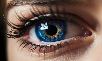  a close up of a person's blue eye with long lashes.  generative ai