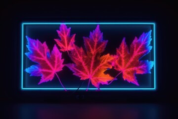 neon light frame with maple leaves and dark black background. wallpaper, Generative AI