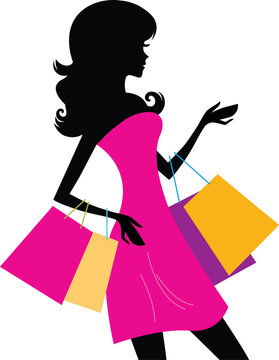 Shopping girl with pink bags silhouette. Vector illustration