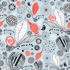 Fototapeta premium Seamless floral pattern with a black outline birds on a blue background
