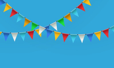 Garland of triangular flags for birthday, holiday, party. Festive garland of colorful flags on a blue background. Rainbow colors flat style, cartoon design. Vector illustration.