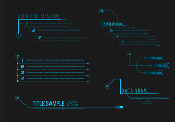 Callout headers on black background. Set of HUD futuristic sci-fi frame template. Scifi futuristic panel collection of HUD elements GUI VR UI design Cyberpunk neon glow retro style - obrazy, fototapety, plakaty