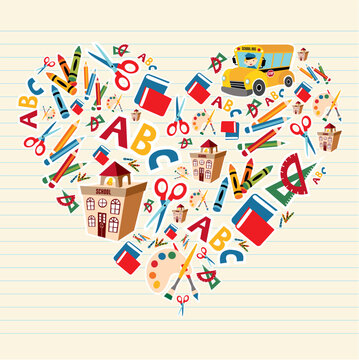 Set of school tools and supplies in heart shape background. Vector file layered for easy manipulation and custom coloring.