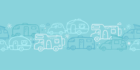 Cute doodle Camper Vans, Caravans and Motorhomes - seamless pattern, hand drawn background, great for textiles, banners, wallpapers.