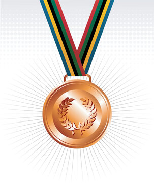 Olympic bronze medal with ribbon elements set background. Vector file layered for easy manipulation and customisation.
