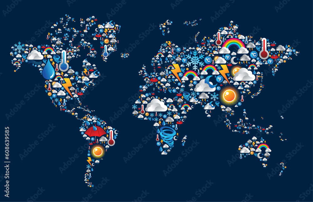 Wall mural set weather icons in earth world map over blue background. vector file layered for easy manipulation