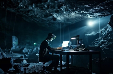 Striking Digital Gold: A Symbolic Representation of the Intricate Bitcoin and Cryptocurrency Mining Process Portrayed Through an Underground Miner's Journey in the Subterranean World of Blockchain