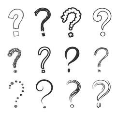 Question mark - hand drawn symbol. Cartoon sketch style interrogation to ask questions drawn with a pen and marker, doodle. Hand drawn signs interrogation, scribble symbols.