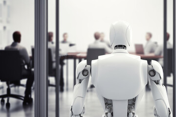 Fototapeta premium White robot working with laptop, looking at businessman standing near exit door in modern white office background. Generative AI