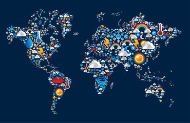 Set Weather icons in Earth world map over blue background. Vector file layered for easy manipulation and custom coloring.