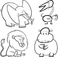 cartoon illustration of four cute animals set for coloring book