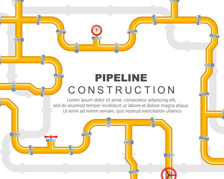 Industrial background with a yellow pipeline. The lever opens or closes the valve. Spare parts for the pipeline. Oil, water or gas in trumpet. Vector illustration, EPS 10.
