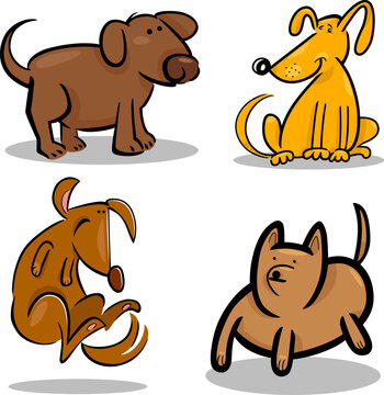 cartoon illustration of four cute dogs or puppies set