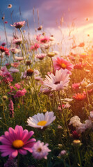 Fototapeta na wymiar Summer wallpaper. Wildflowers illuminated by the evening sun.