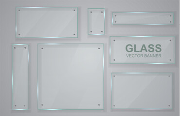 The texture of glass, mirrors, windows. Glitter rectangle reflection of 3d texture panel or window on transparent display frame. Glass plates with place for inscriptions.