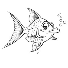 Cartoon fish. Black and white illustration on white background