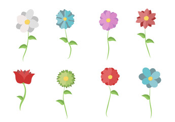 Set of beautiful flat spring and summer flower icons isolated on white background. Rose, Carnation, Dahlia, Chamomile,Tulip, Iris, Gazania, Lily, Chrysanthemum, Daffodil. Flat style.