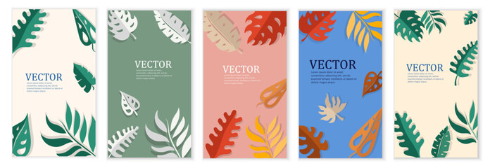Colorful abstract tropical leaves. Bright banners, posters, cover design templates, wallpapers with spring leaves and flowers. Vector illustration, EPS 10. Flat style.