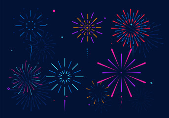 Fototapeta na wymiar Colorful fireworks for party, festival, feasts, multicolor skyfire, explosion stars. Multicolored firework isolated on background. Celebrating birthday or Christmas. Vector illustration, EPS 10.