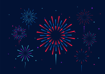 Fototapeta na wymiar Set of colorful fireworks. Festive explosion of fireworks with stars and sparks. Party, festival, feasts, multi-colored sky, explosion stars. Celebrations birthday or Christmas. Vector illustration.
