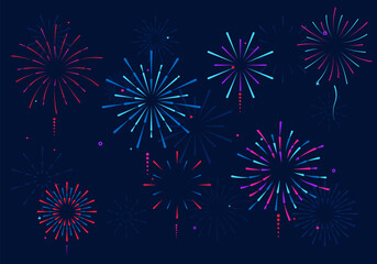 Set of colorful fireworks. Festive explosion of fireworks with stars and sparks. Party, festival, feasts, multi-colored sky, explosion stars. Celebrations birthday or Christmas. Vector illustration.
