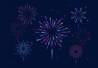 Set of colorful fireworks. Festive explosion of fireworks with stars and sparks. Party, festival, feasts, multi-colored sky, explosion stars. Celebrations birthday or Christmas. Vector illustration.