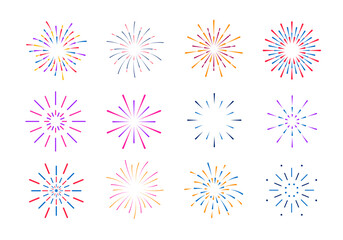 Set of colorful fireworks. Festive explosion of fireworks with stars and sparks. Party, festival, feasts, multi-colored sky, explosion stars. Celebrations birthday or Christmas. Vector illustration.