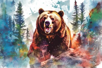 watercolor featuring a powerful and majestic bear against a backdrop of nature. bold and vibrant colors to bring out the strength and beauty of the bear - obrazy, fototapety, plakaty
