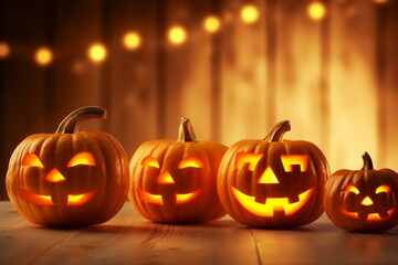 Bright halloween pumpkins with blur halloween background. Concept of Halloween party. Generative AI.