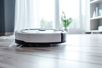 Robot vacuum cleaner in white modern home. Smart cleaning technology. white vacuum cleaner makes cleaning of white laminate floor. Generative AI.