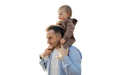 A man is a young father and daughter together. Transparent background, isolated.