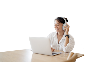 A cheerful woman in headphones uses a laptop computer tablet works in the office, sends a message. Transparent background, png.p