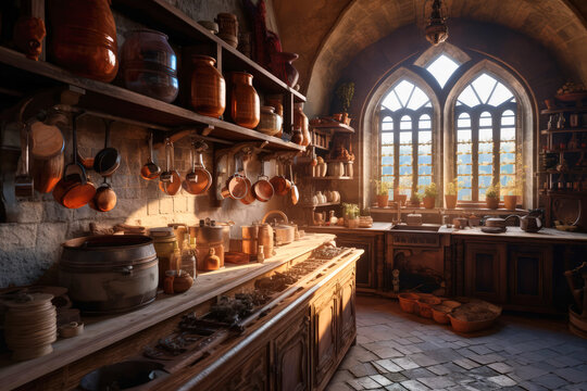 Beautiful and atmospheric illustration with medieval big castle kitchen. Empty space for character. Cinematic, volumetric light, realistic environment made with Generative AI