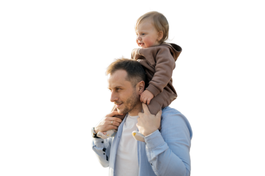 A man is a young father and daughter together. Transparent background, isolated.