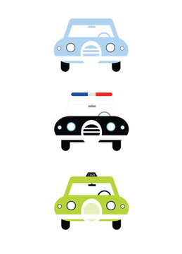 City cars front view illustration isolated on white background. Civil car, police and taxi cab. Cartoon style simple colorful vector illustration.