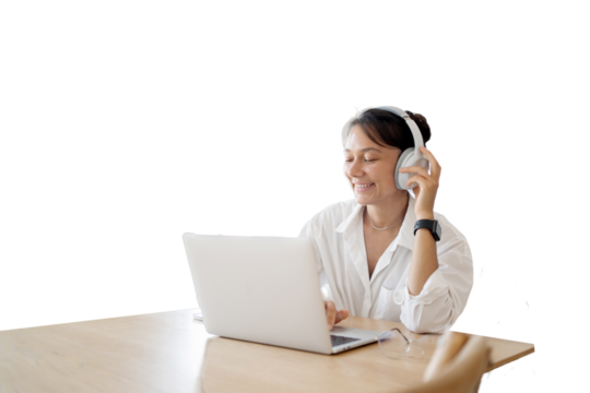 A cheerful woman in headphones uses a laptop computer tablet works in the office, sends a message. Transparent background, png.p - Powered by Adobe