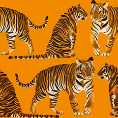 Naklejka premium Animal Tiger Art Seamless Pattern. Animal wildlife illustration Background Wallpaper. Safari Wildlife. Sequin embroidery style print. Ornament for clothes, textiles and interior