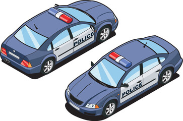 isometric illustration of police car. (front and rear view)