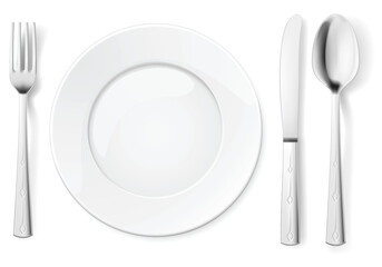 Empty plate with spoon, knife and fork. Illustration for design on white background