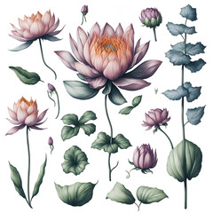 Composition of a white lotus flower on a white background  created by Generative AI.