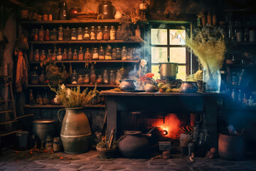 Beautiful and atmospheric illustration with medieval spooky witch kitchen. Dried herbs and strange ingridients. Empty space for character. Cinematic, realistic environment made with Generative AI