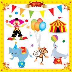 Obraz na płótnie Canvas A fun circus set. Each element is on a different layer. Very easy to choose, for exemple the clown or the big top....