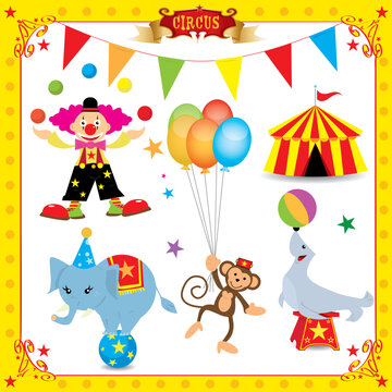 A fun circus set. Each element is on a different layer.  Very easy to choose, for exemple the clown or the big top....