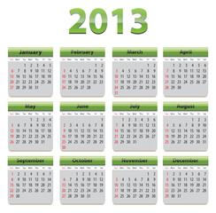 Green glossy calendar for 2013 year. Vector