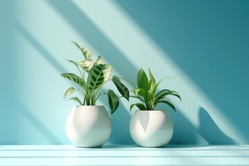 room interior, two white vases with green plants on blue wall background, natural shadows. generative AI