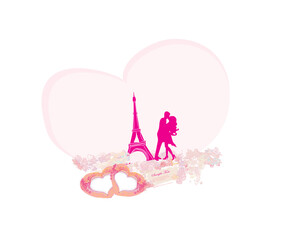 Fototapeta na wymiar Romantic couple in Paris kissing near the Eiffel Tower. Retro card.