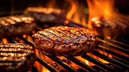 Grilled burger on the grill with flames. Shallow depth of field, advertising shot. generative AI - obrazy, fototapety, plakaty