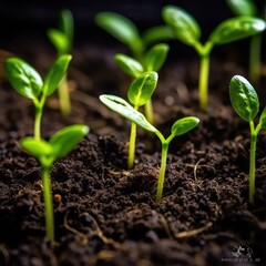 Green seedling illustrating concept of new life and natural growing from seed, top angled view, small green plants in the soil. generative AI