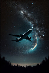 Obraz na płótnie Canvas Starry sky with an airplane flying high. AI Generated