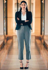 Woman, professional and serious in portrait with arm at the office as leader in entrepreneurship....